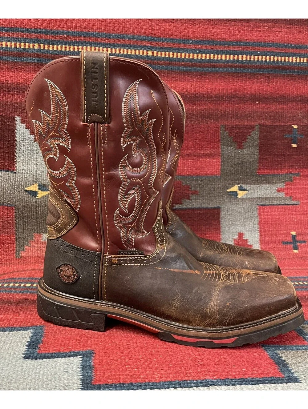 Justin Comp Toe Leather Western Work Boots  Men's 11 WK4643 Burgundy/Brown/Black
